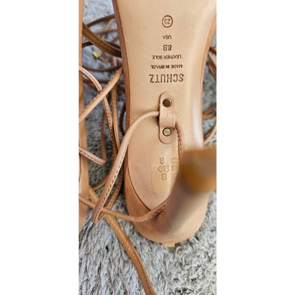 New Schutz Vikki Tan Leather Lace Up High Heel Square Toe Sandals Womens Size 8B - Picture 8 of 9